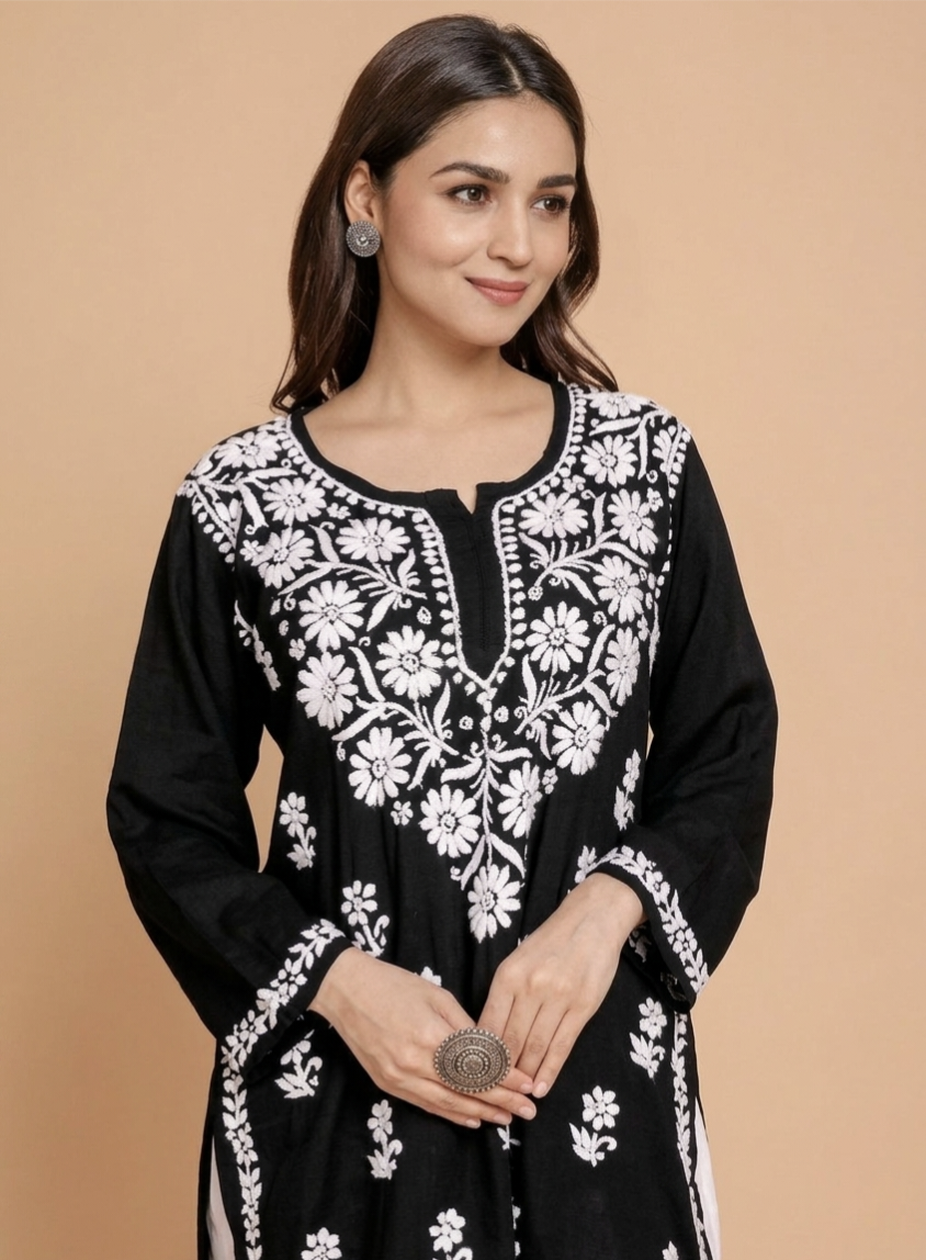 Floral Embroidered Round Neck Long
Sleeves Chikankari Straight Kurti With Multiple Color
