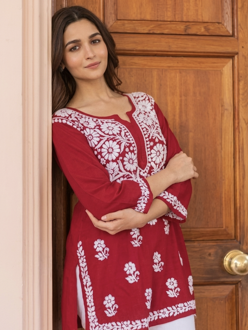 Floral Embroidered Round Neck Long
Sleeves Chikankari Straight Kurti With Multiple Color